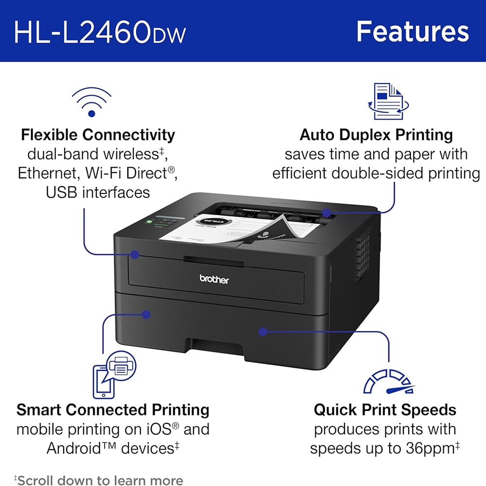 Brother HLL2460DW SOHO Laser Printer Bundle with Brother High-Yield Toner, Black Twin Pack (3,000 pages/cartridge)