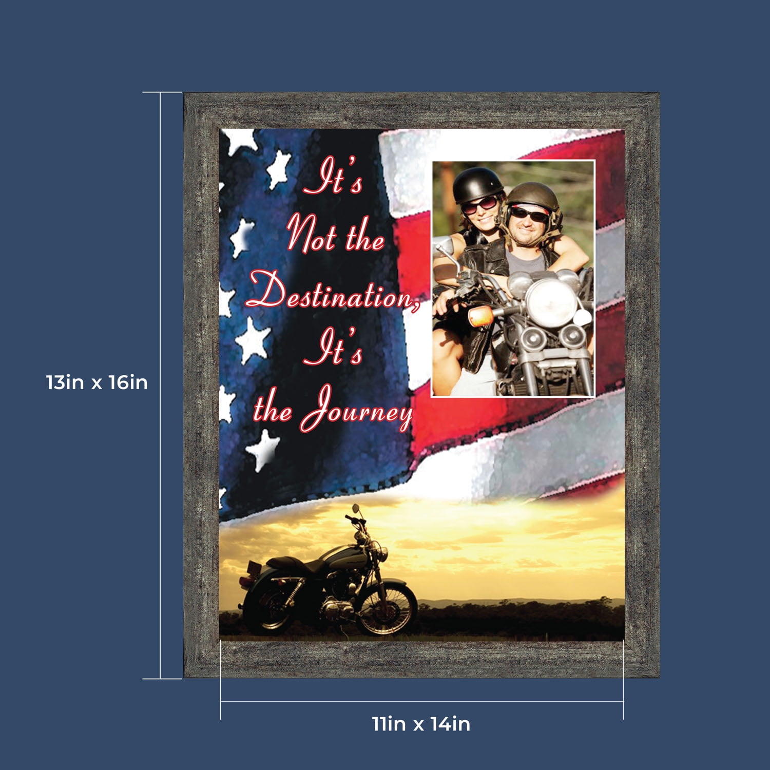 Harley Davidson Gifts for Men and Women, Patriotic Harley Accessories, Harley Davidson Wedding Gifts, Sunset American Flag for Harley Riders, "It's Not the Destination" Unique Motorcycle Decor, 5028