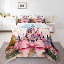 Homewish Kids Princess Castle Bedding Comforter Set, Pink Watercolor Bowknot Twin Comforter Sets, Oil Printing Reversible Bedding Set, Ultra Soft Bedroom Decor, 2-Piece