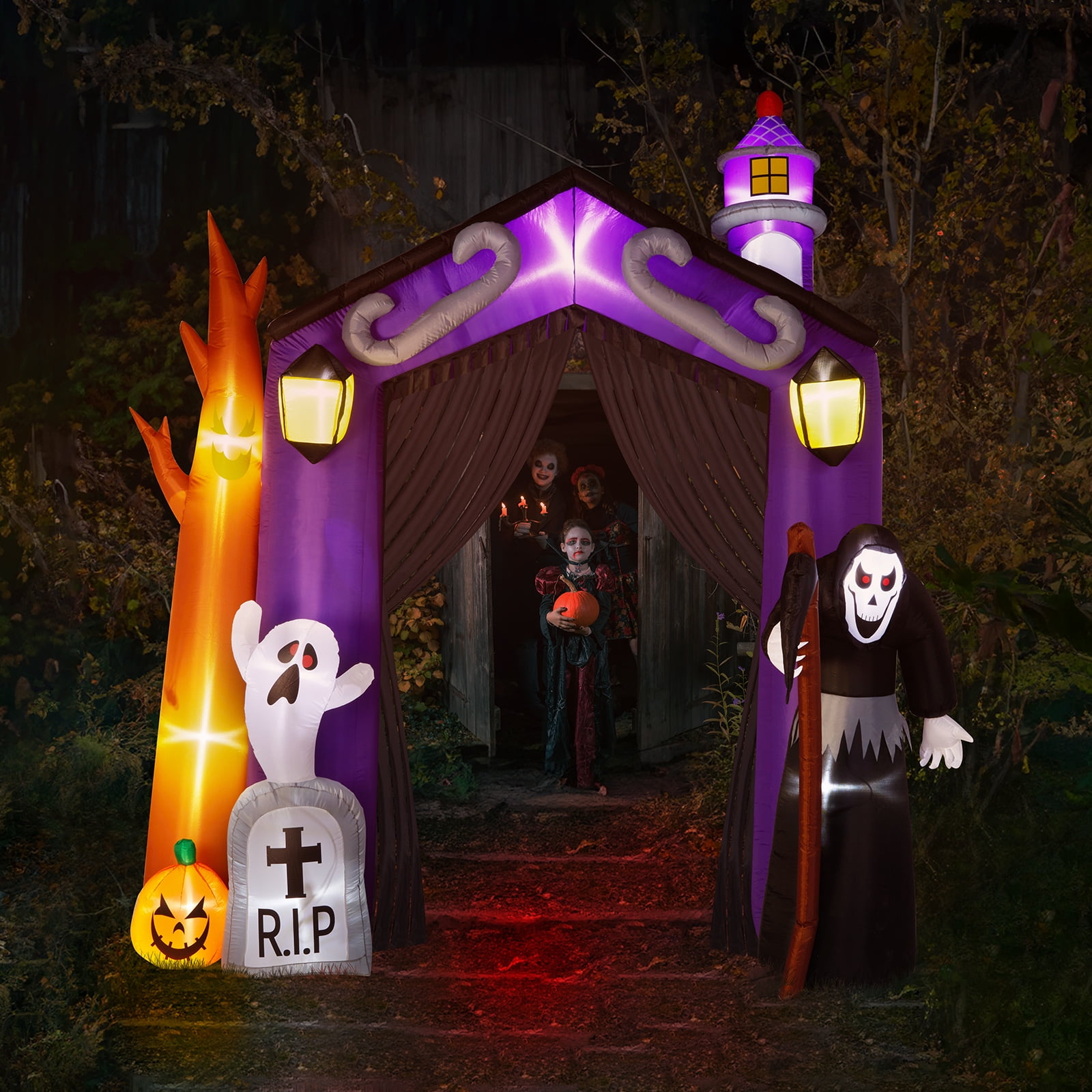 9.8 FT Halloween Inflatable Haunted House Castle Archway with Grim Reaper & Ghost, LED Lights for Yard/Party