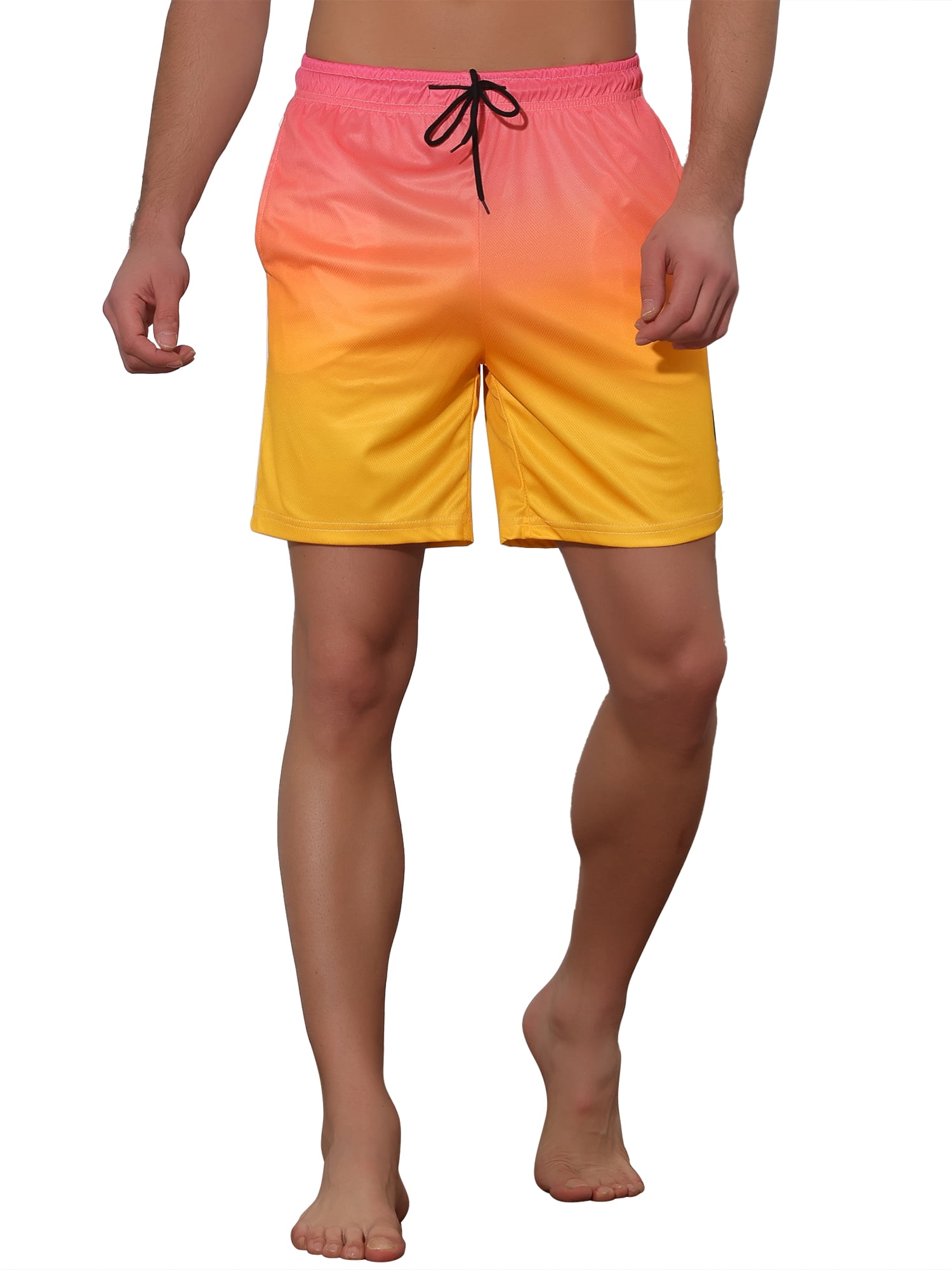 Unique Bargains Men's Contrast Color Summer Beach Colorful Swimwear Shorts 30 Pink Yellow