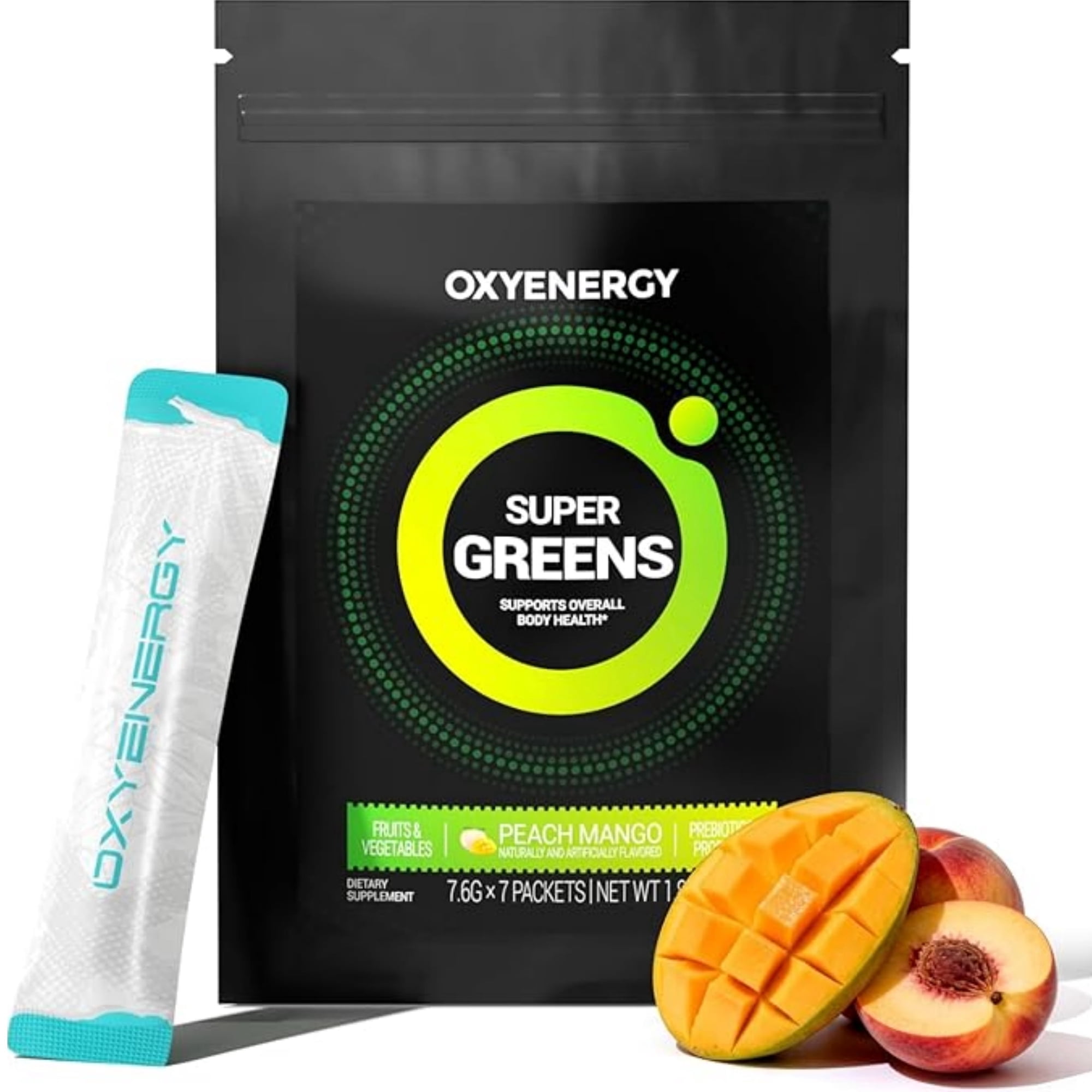 OXYENERGY 30 Bags Super Greens Daily Wellness Powder– Complete Superfood Blend with Probiotics, Prebiotics & Herbal Extracts [7.6g*30 strips]