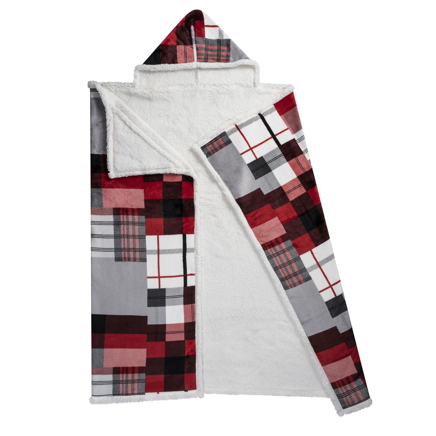 Safdie & Co. Premium Ultra Soft Flannel Hoodzy Hooded Throw Blanket with Sherpa Plaid Patchwork