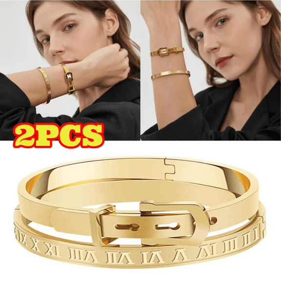 2pcs Gold Plated Bracelets for Men Women, Roman Numeral Bangle Bracelet, Stainless Steel Personalized Engraved Gift