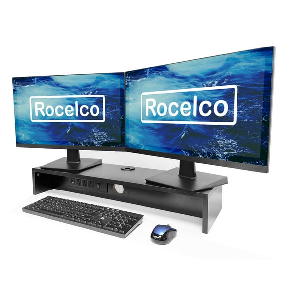 Rocelco 30" Dual Monitor Stand with AC Outlets and USB in Black