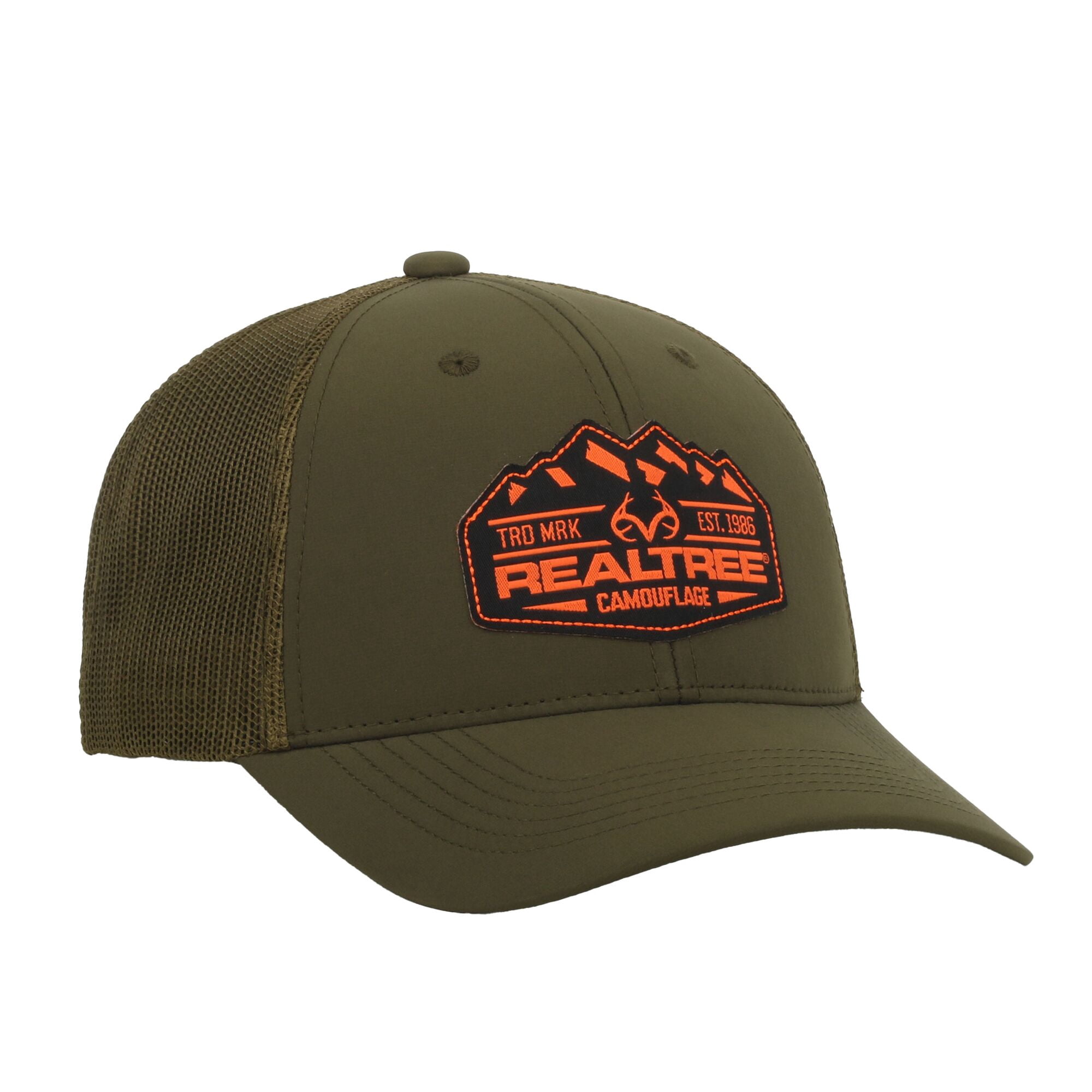 Realtree Structured 6-Panel Trucker Hat – Woven Logo Meshback Cap, Olive, One Size