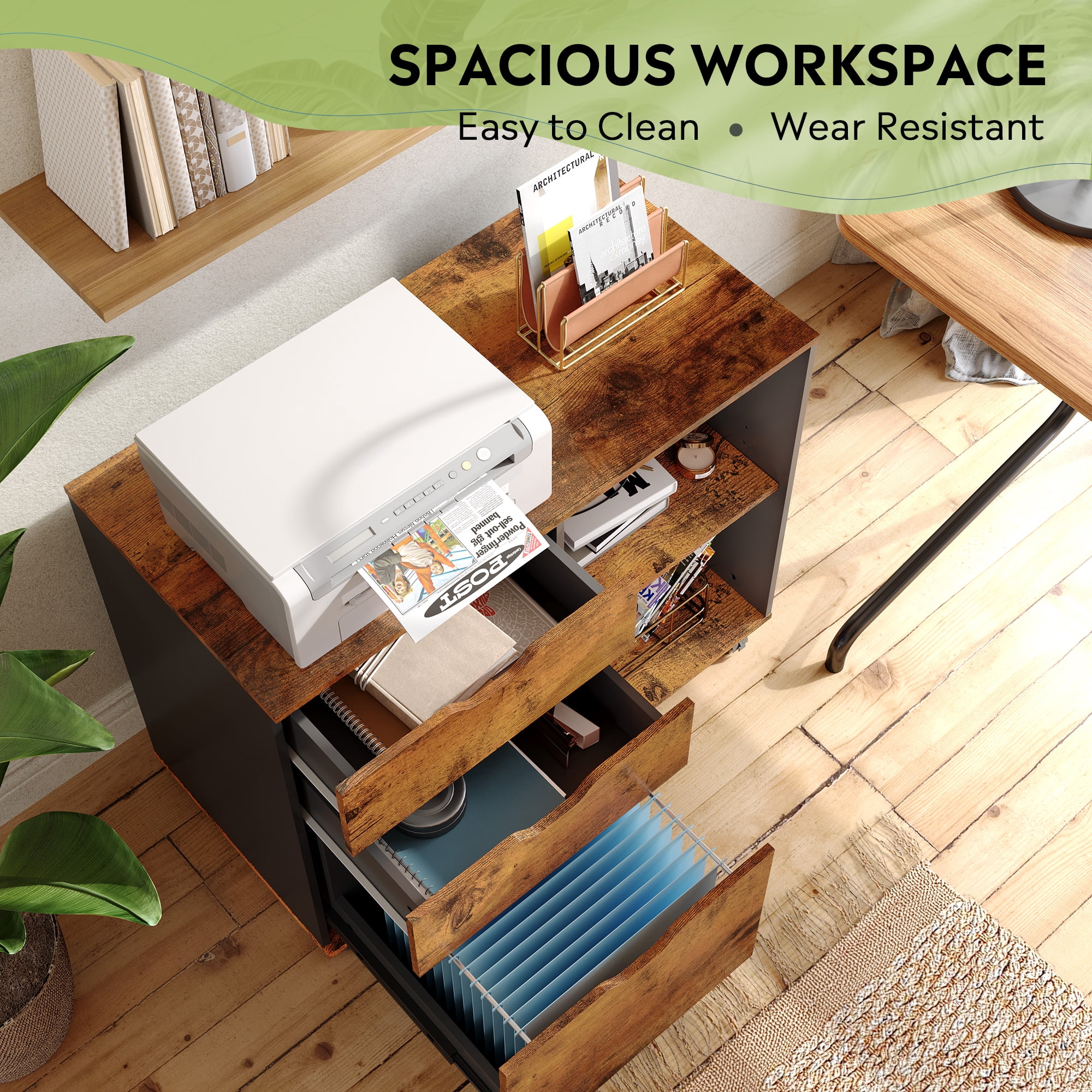 GALAXHERO 3 Drawer File Cabinet, Mobile Printer Stand with Storage Shelves, Wood Lateral Filing Cabinet, Office Storage Cabinet for Home Office, Rustic Brown
