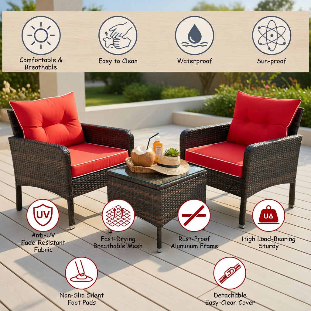 Hommoo 3-Piece Outdoor Wicker Patio Conversation Set, PE Rattan Chairs + Coffee Table with Removable Cushions, Red