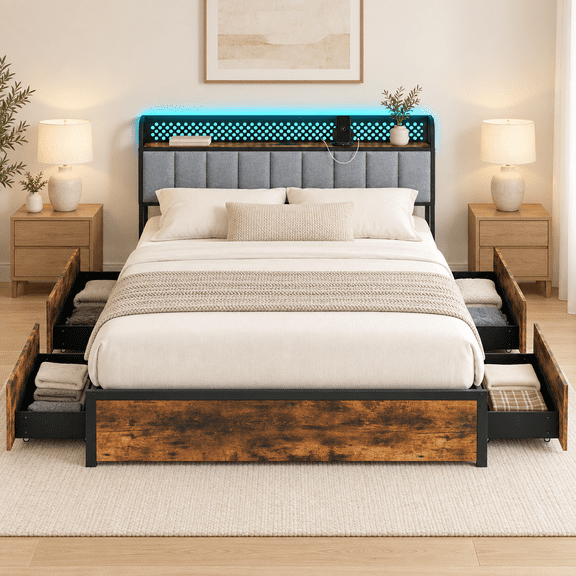 Furnibear Queen Size Bed Frame with LED Lights, Upholstered Headboard and 4 Storage Drawers, Modern Platform Bed for Bedroom, Gray