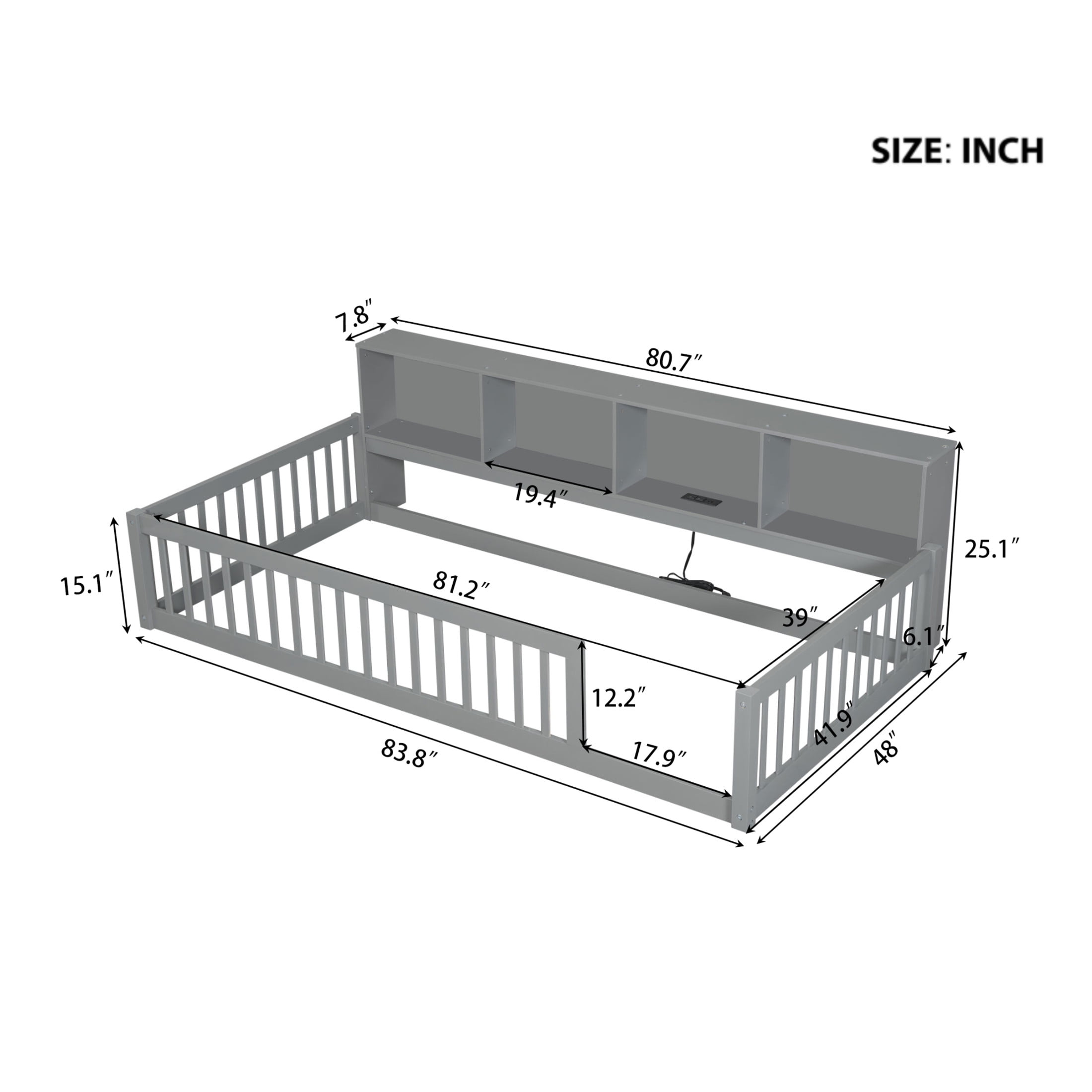 Noble House Twin XL Wood Floor Bed with Storage Cabinets and USB Charging Station, Space Saving Design, Gray