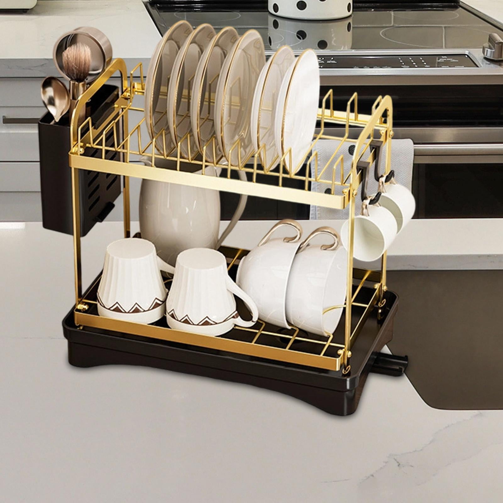Fiocias 2 Layer Kitchen Dish Drying Rack Space Saving Carbon Steel Drainer with Tray for Gold