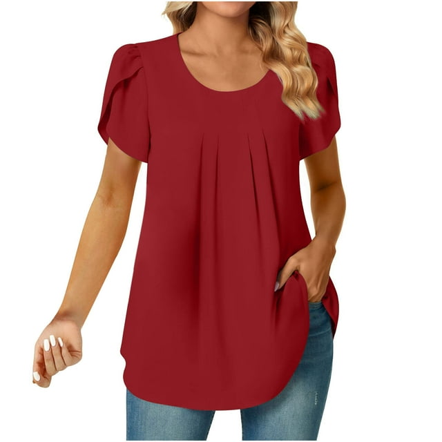 Kovlvoll T-Shirts pour Femmes Manches Courtes Plissés Décontractés Col Rond Été Couleur Unie Hauts Amples Blouses