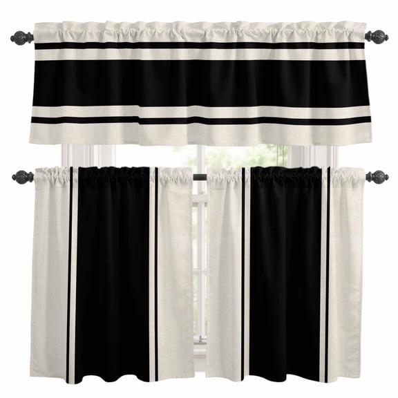 Black Vintage Kitchen Curtains Sets for Windows 24 Inch Length, Geometric Stripes Simple Lines Rod Pocket Window Treatments Tier Curtains and Valances Set for Bedroom/Bathroom