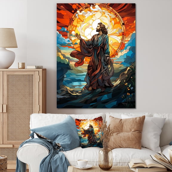 Designart "Stained Glass Jesus in Pop Art Piety I" Spiritual Canvas Wall Art - Global Orange Christianism Hallway Wall Art Decor