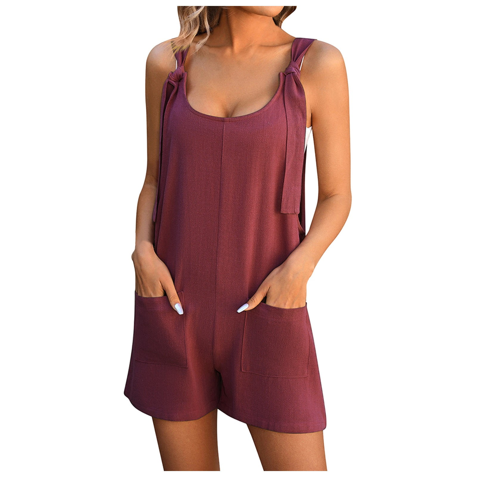 Womens Pants Eyelet Jumpsuit for Women Womens Rompers Jumpsuits Summer Sleeveless Adjustable Knot Straps Shorts Overall Adult Female Clothes Red Size