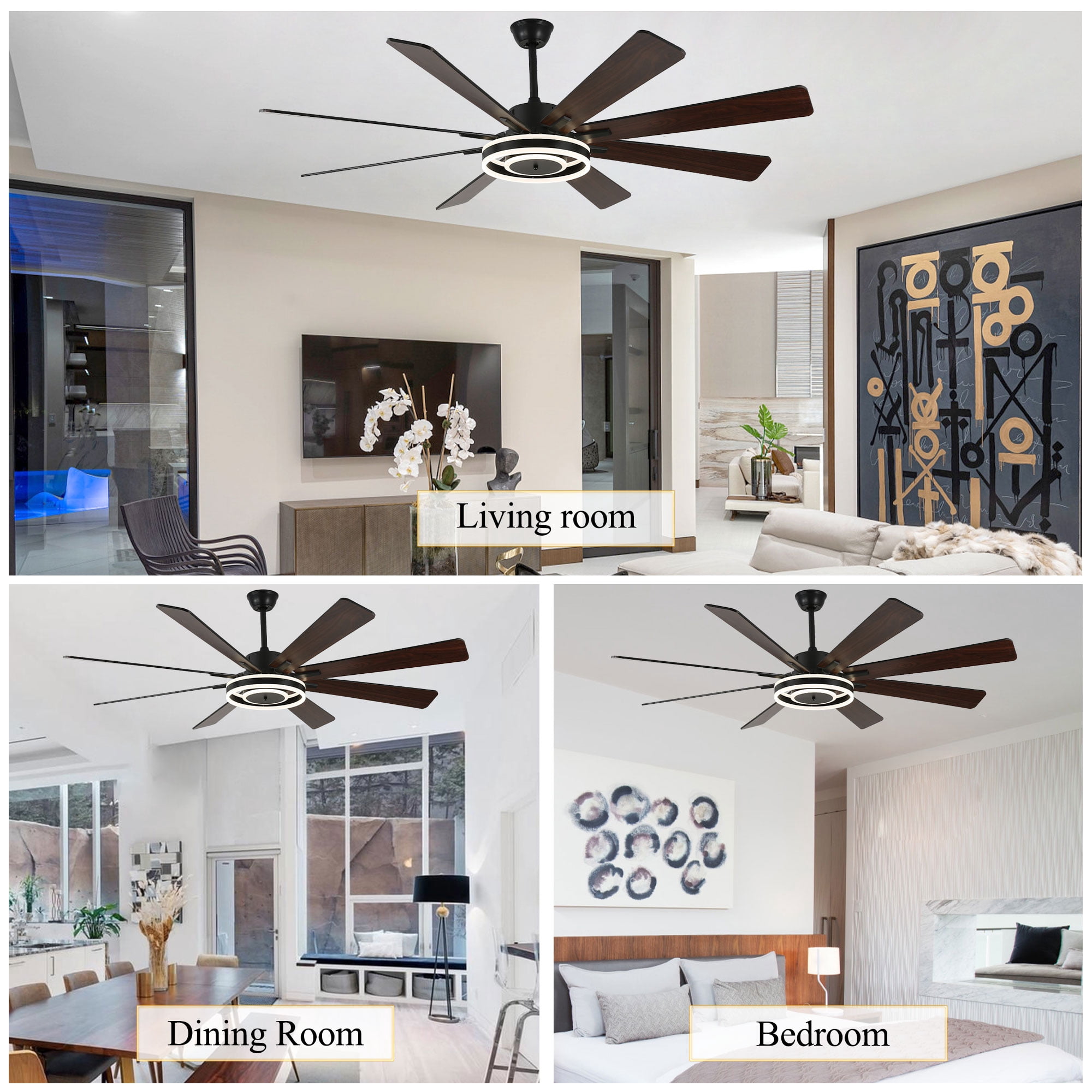 Chords Attic 72" Reversible 8-Blade Ceiling Fan with LED Lights, Remote 3-Color, 6-Speed and Timer