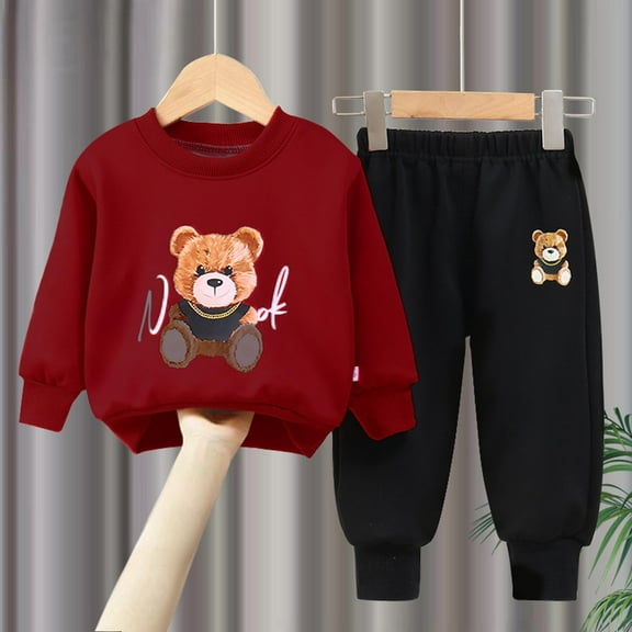 Sentuca Toddler Girls Clothes Long Sleeve Crew Neck Teddy Bear Printed Sweatshirts and Sweatpants Elastic Waist Two-piece Outfit Sets Size 1 Years