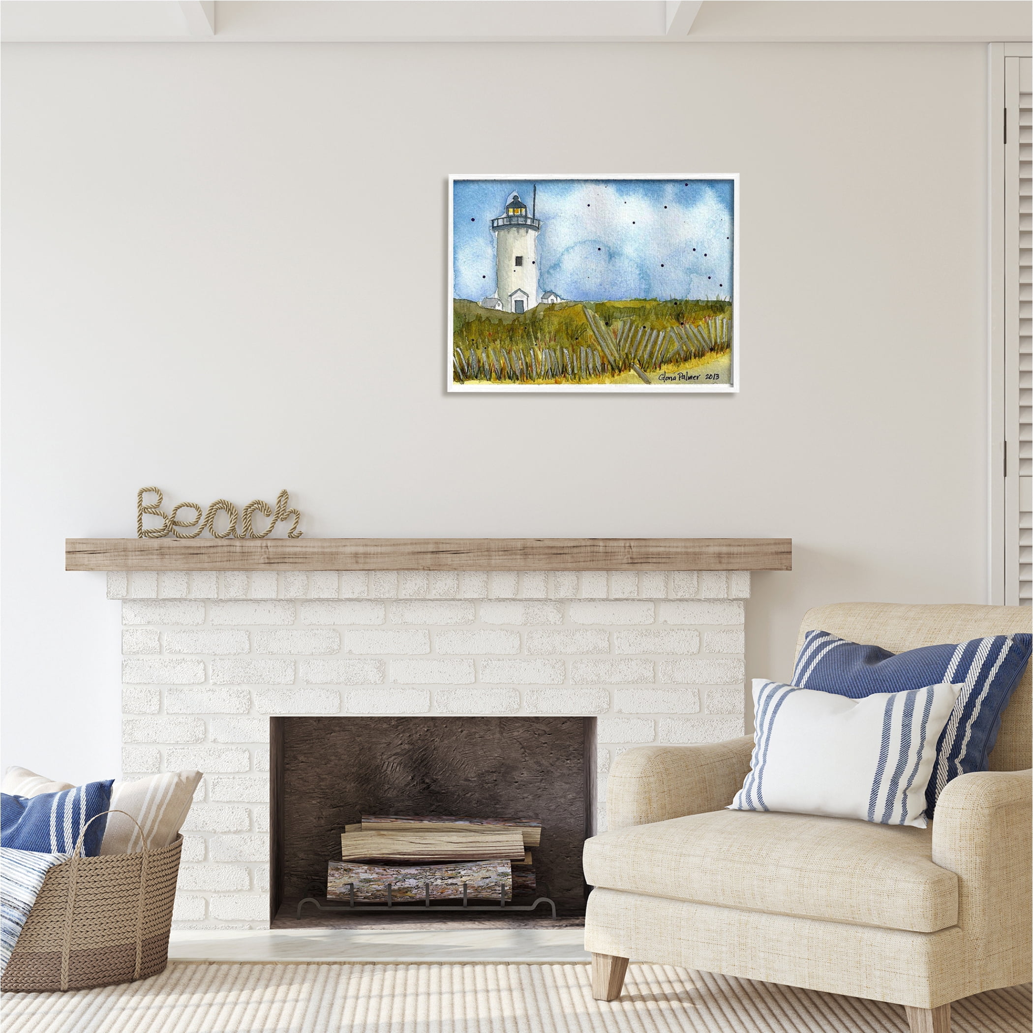 Stupell Industries Rural Lighthouse Painting Nature Painting White Framed Art Print Wall Art, 30 x 24