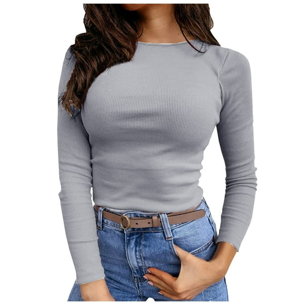 Camiseta de manga larga con canalé para mujer: cuello redondo, ajustada, tejido elástico, prenda básica informal, poliéster/spandex, para todas las estaciones.
