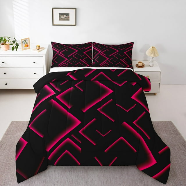 Manfei Modern Abstract Lines Queen Comforter Set, Hot Pink Black Bedding Sets, Geometry Aesthetic Bedding Comforter Set, Breathable Room Decor Reversible 3-Piece
