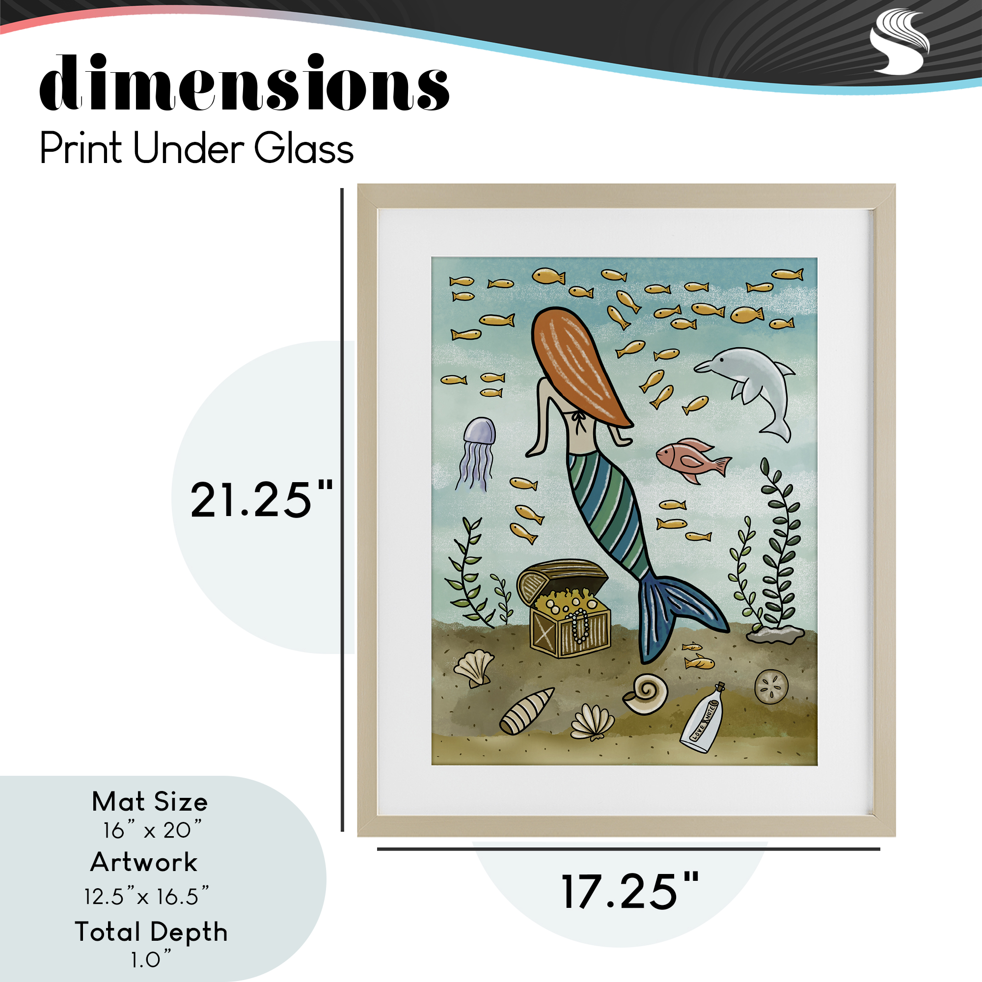 Mermaid Treasure Love Note Birch Framed Print Under Glass, design by Jennifer Stith