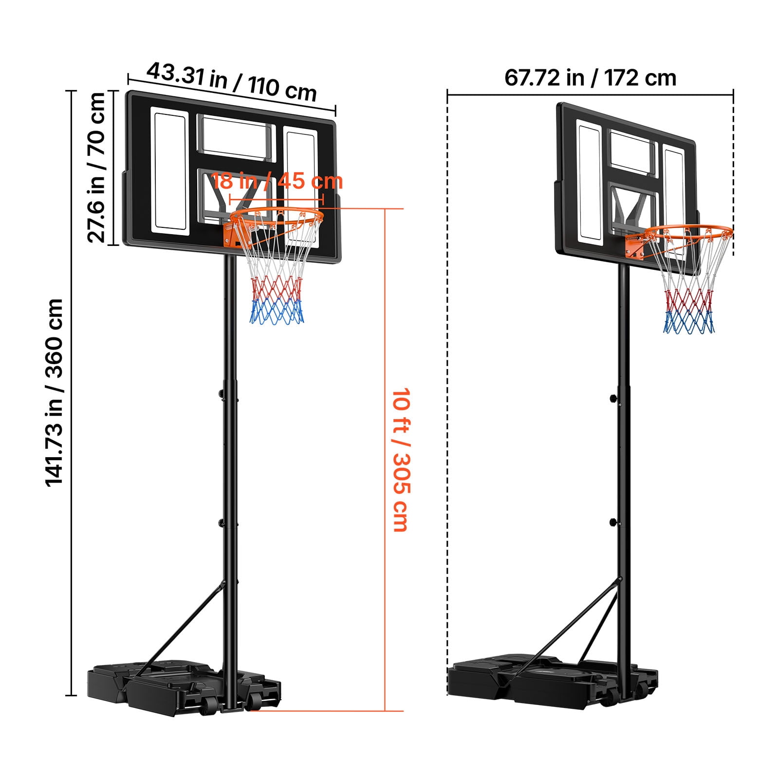 KFFKFF Portable Basketball Hoop System, Adjustable Height from 4.4 ft to 10 ft, Basketball Stand with Rolling Wheels for Driveways, Pools, Suitable for Kids, Teens, and Adults