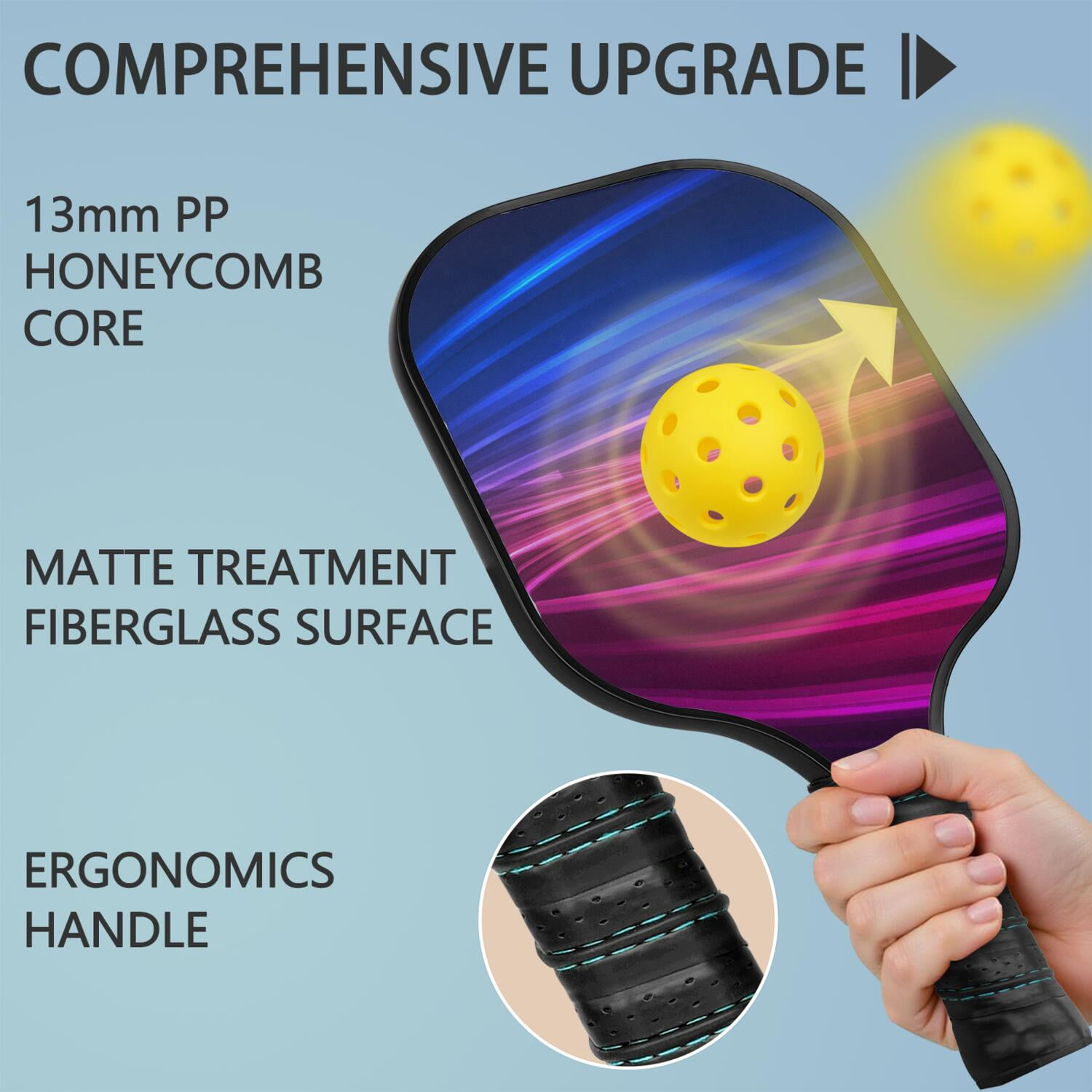 Pickleball Paddles Set Of 1, Fiberglass Surface, Speed, Lightning, Thunder Print, 1 Paddle, 2 Balls & Bag