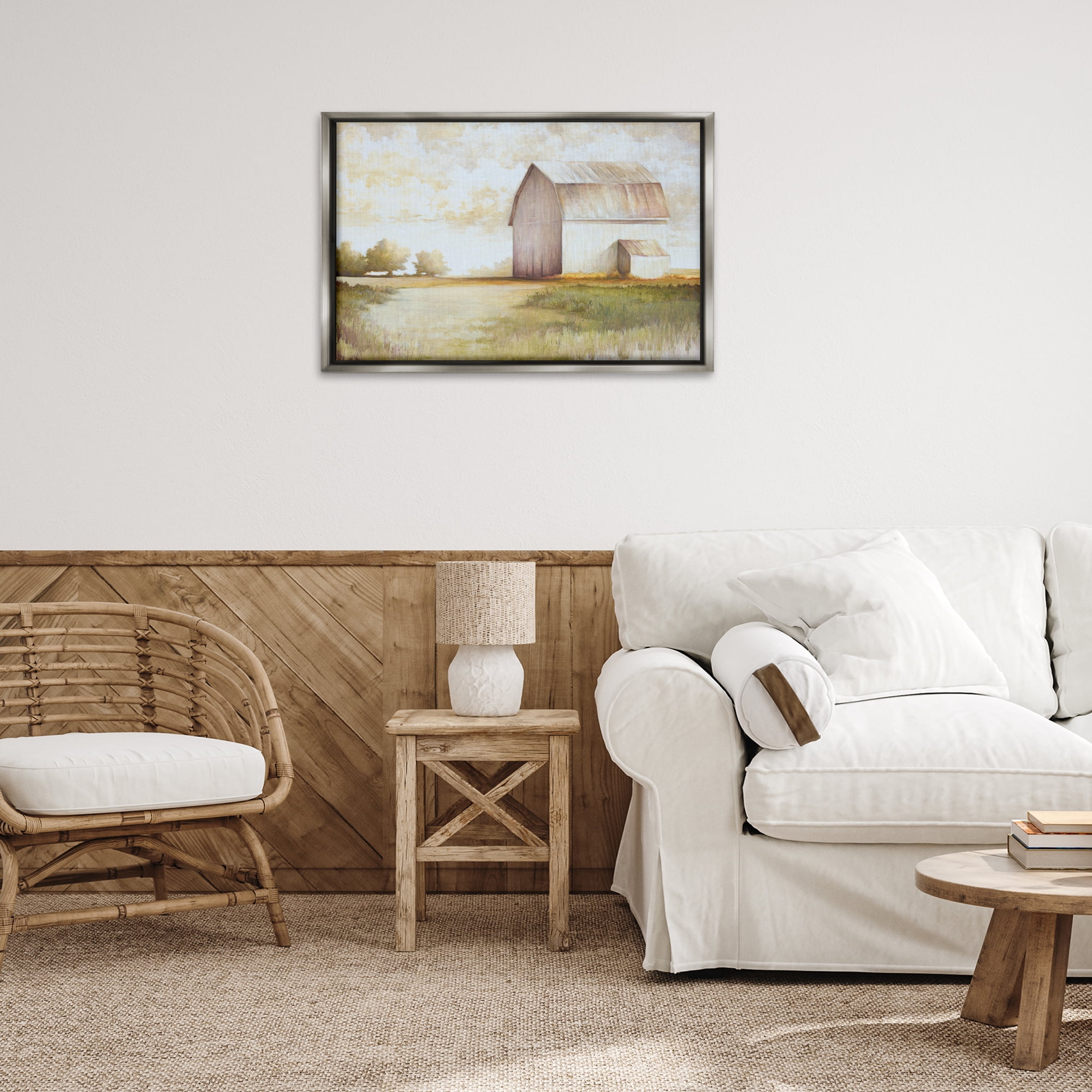 Stupell Industries Neutral Distant Barn Landscape Painting Gray Floater Framed Canvas Art Print Wall Art, 31 x 21