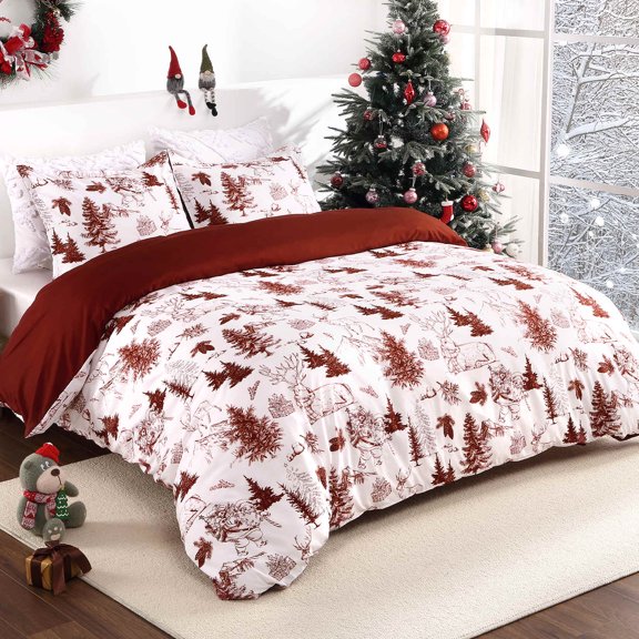 Christmas Duvet Cover, Reversible Printed Comforter Cover Set Christmas Holiday Decorative Bedding, Soft Microfiber Red Duvet 2 Pillow Shams (Christmas Theme)