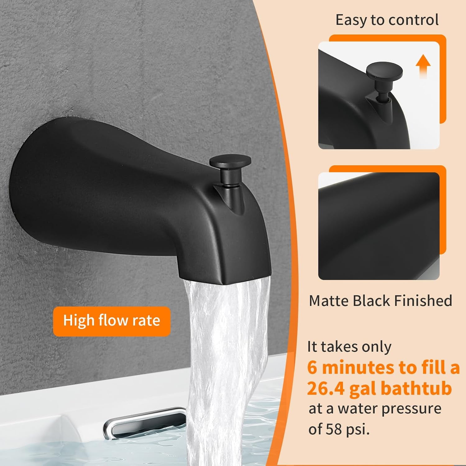 Tub Shower Faucet Set Vae Included with 6-Inch Rain Shower Head and Tub Spout Single-Handle Tub and Shower Trim Kit Matte Black