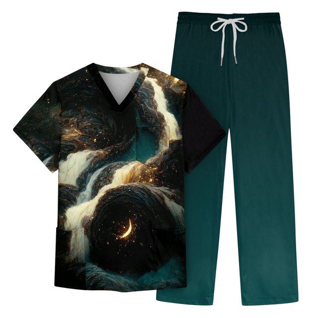 Men's Short Sleeve V Neck Print Chest Pocket Care Top Elastic Waist Pants Two Piece Work Suit S