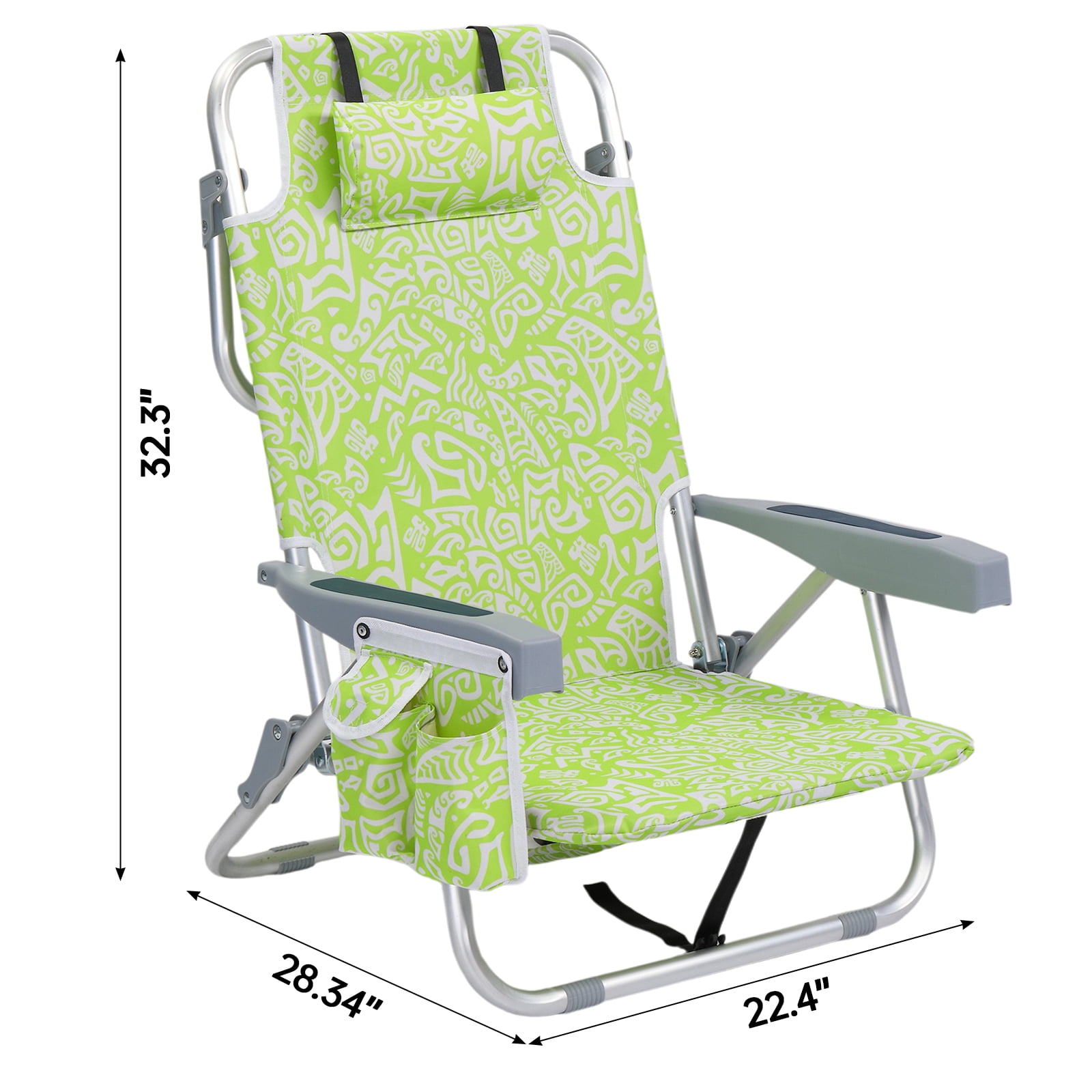 Folding Beach Chair 5-Position Adjustable Backrest Lay Flat Portable Outdoor Camping Chair with Storage Pockets & Cup Holder Lightweight Aluminum Frame for Camping Picnic Backyard