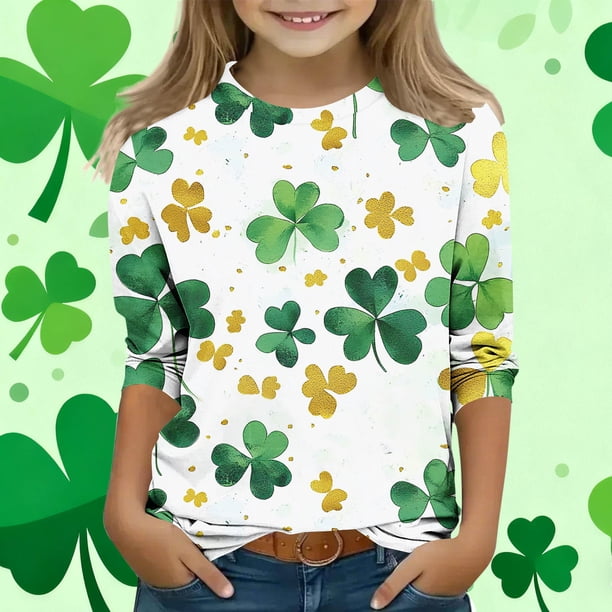 Blusas y camisas de manga larga y cuello redondo para niños con estampado del Día de San Patricio, manga 3/4/cuello redondo tres cuartos, parte inferior y superior para niños, parte superior de poliés