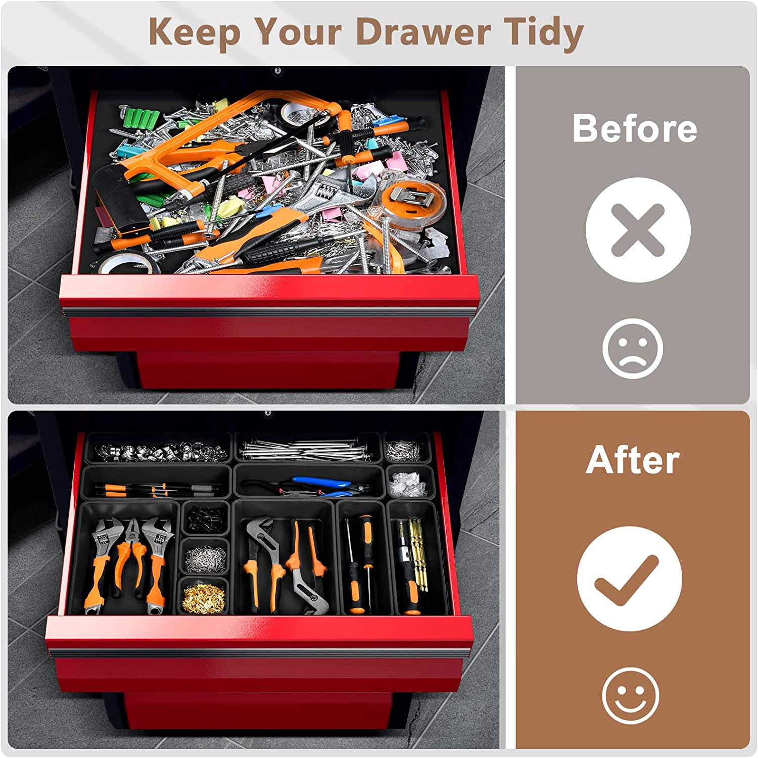 【𝟱𝟴𝗣𝗰𝘀】【5 Size】 Tool Box Organizer Tray Divider Set, 【Black】 Desk Drawer Organizer, Garage Organization and Storage Toolbox Accessories Rolling Tool Chest Cart Cabinet WorkBench Small Part