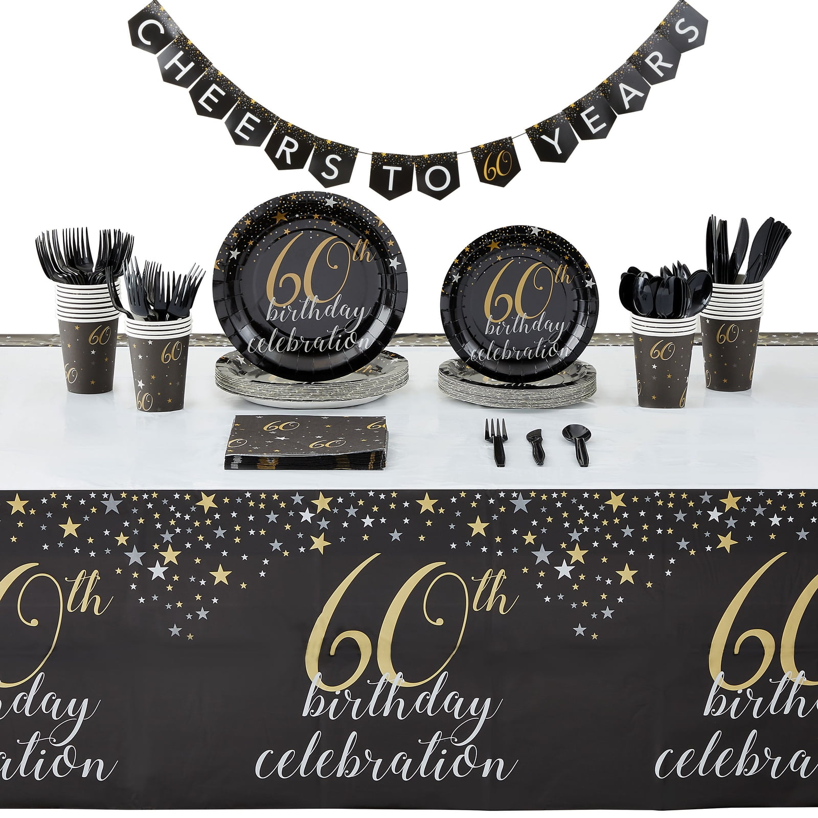 Serves 24 60th Birthday Party Supplies & Decorations for Women Men, Cheers to 60 Years Banner, Paper Plates, Napkins, Cups, Table Cover