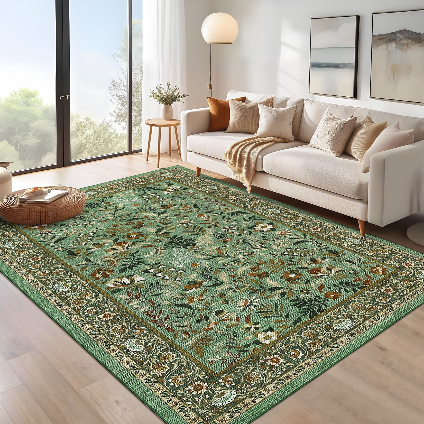 Tzou Floral Washable Area Rugs for Living Room, 10x13ft Vintage Non-Slip Boho Carpet, Large Soft Stain-Resistant Indoor Rug for Bedroom, Office(Light Green)