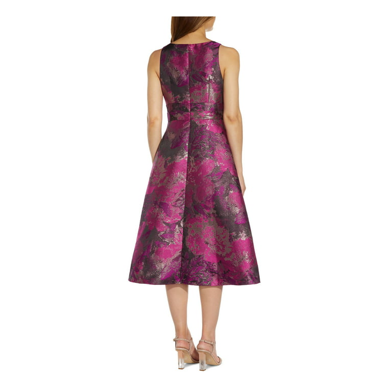 ADRIANNA PAPELL Womens Purple Metallic Zippered Ruched Sleeveless Boat Neck  Below The Knee Cocktail Fit + Flare Dress 0