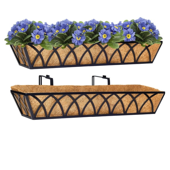 Y&M 30 Inch Window Deck with Coco Liner Fence Metal Hanging Flower Planter Window Basket Deck Railing Planter Boxes for Outdoor Garden Lawn 24"" Window Boxes Horse Trough with Coconut Coir Liner 2pc