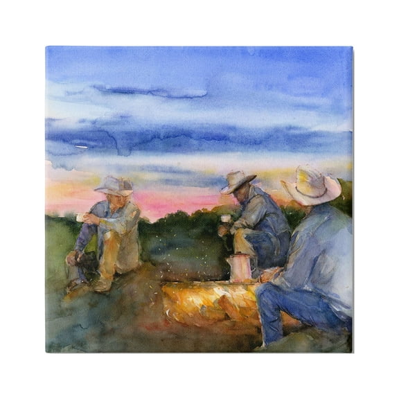Stupell Industries Cowboys Around Campfire Landscape Painting Gallery Wrapped Canvas Art Print Wall Art, 17 x 17