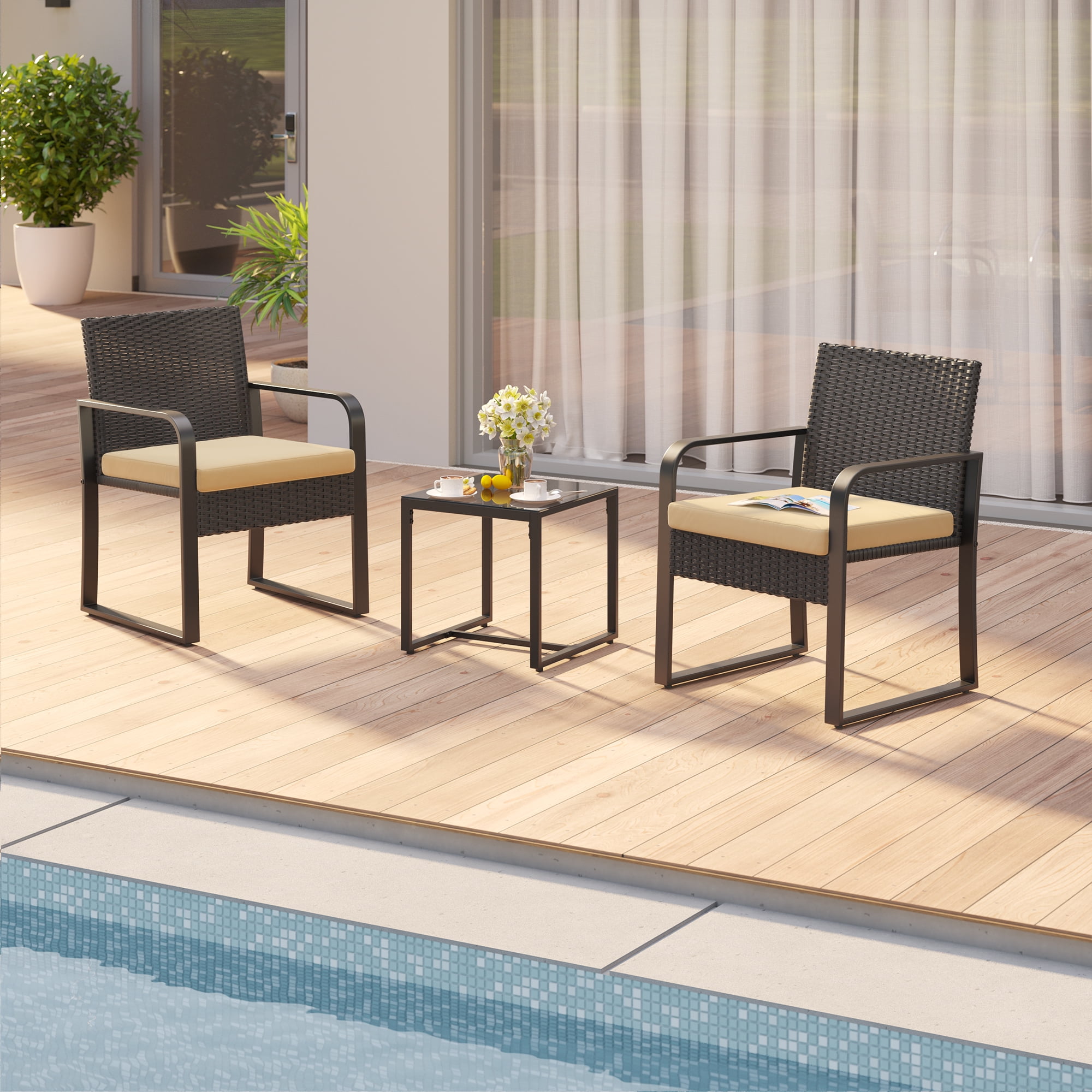 Lofka Patio Table and Chairs Set, Rattan Outdoor Furniture Set for Backyard & Porch, Beige Cushion