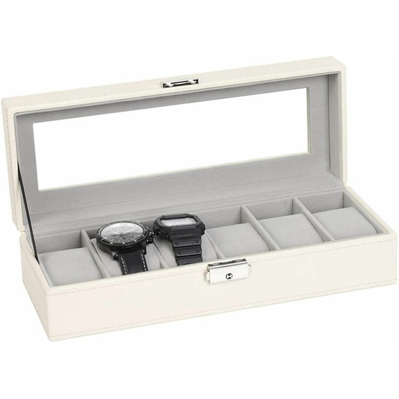 Watch Case,6 Slot Leather Watch Box Display Case Organizer Glass Jewelry Storage