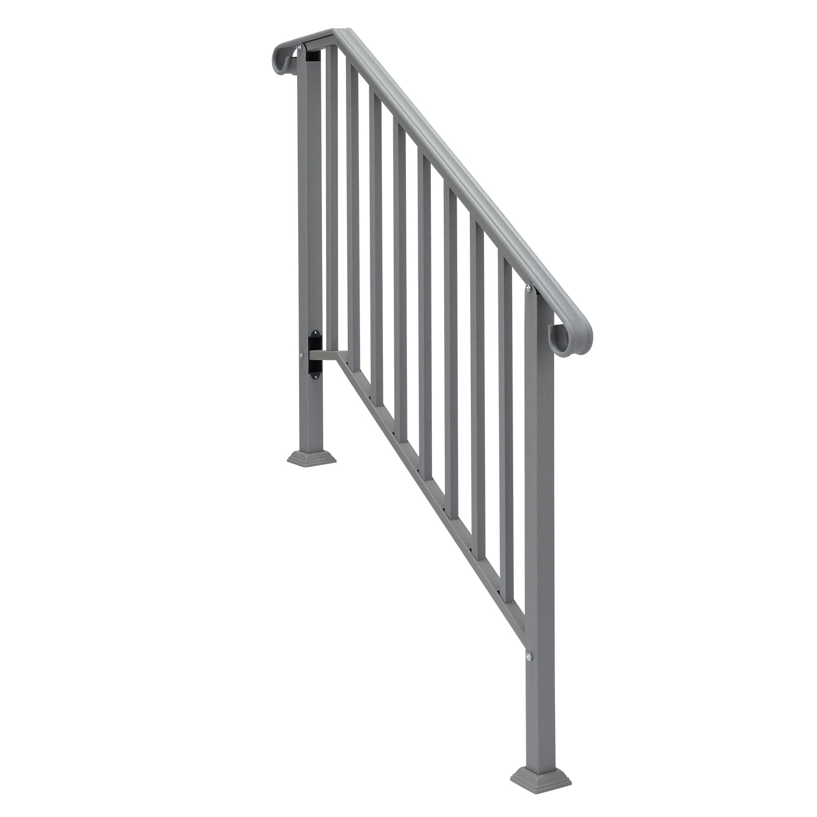 Silver Powder Coated Galvanized Iron Stair Handrail Curved Picket Step Railing Fit 3 Steps Outdoor Garden Anti-Rust Safety Rail With Installation Hardware