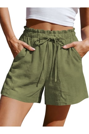 Linen Shorts for WomenSummer Ruffle Waist Drawstring Pants with Pockets Casual Vacation Beach Flowy Shorts L