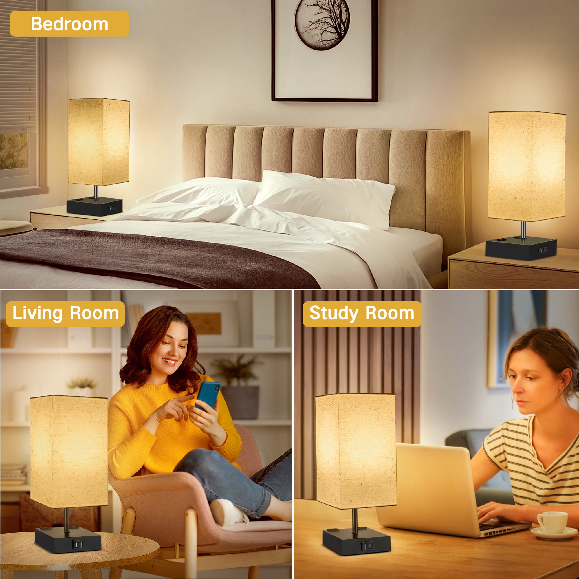 OUTON Touch Control Table Lamp Set of 2 for Living Room, Dimmable Bedside Lamp with USB C+A Ports, Modern Tall Nightstand Lamp for Bedroom,Bulbs Included, Black