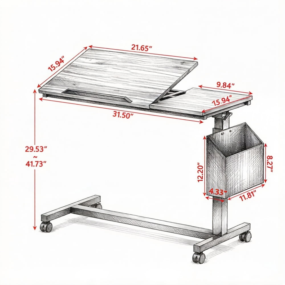 Height Adjustable C-Shaped Side Table with Tilting Top & Wheels, Mobile Laptop Overbed Table with Magazine Holder, 45 lbs Capacity for Sofa Bedroom