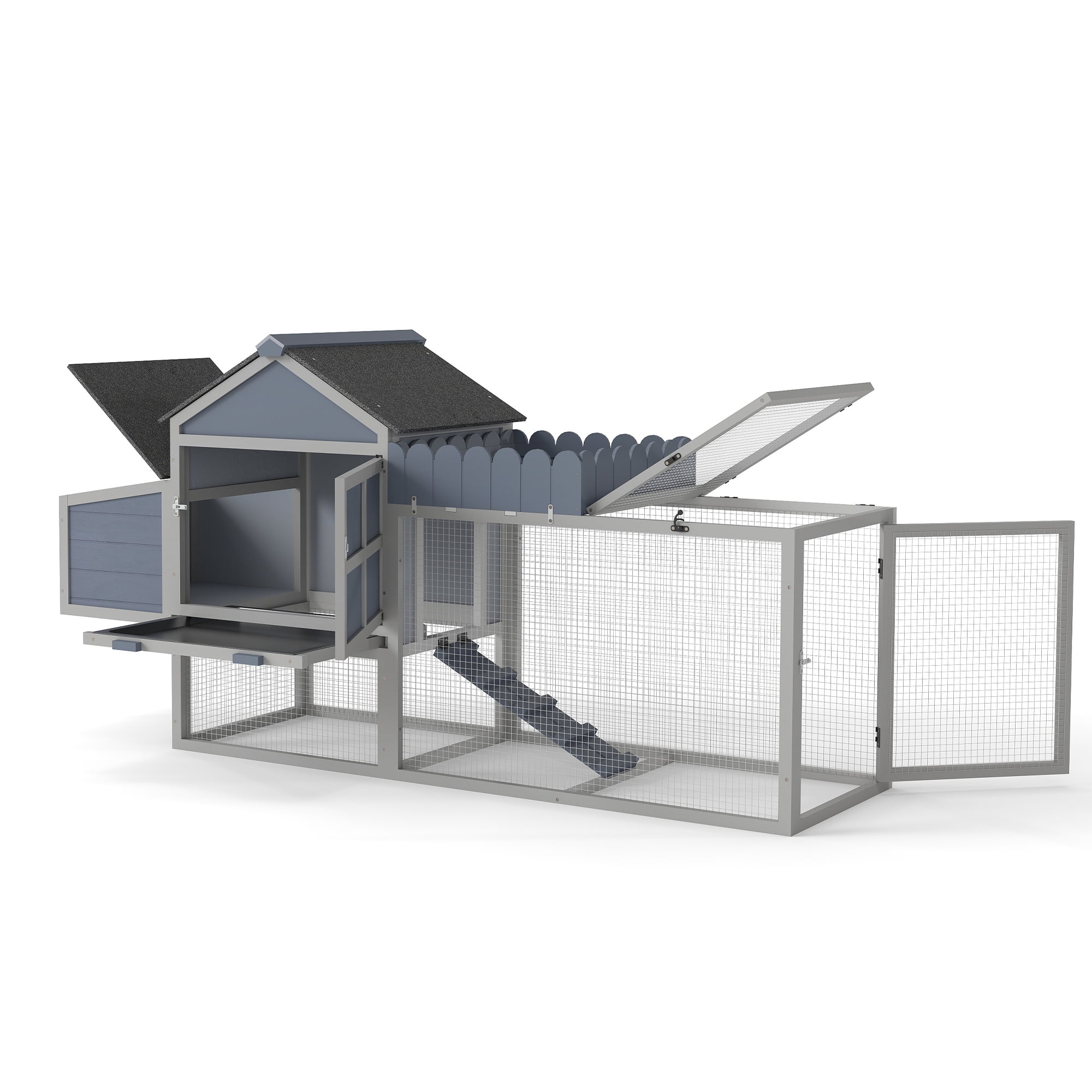 80" Wooden Chicken Coop, 2-Tier Backyard Hen House with Nesting Box, Run, Planter & PVC Roof, Easy-Clean Tray, Weatherproof Poultry Cage,Backyard Patio Poultry Habitat, Gray
