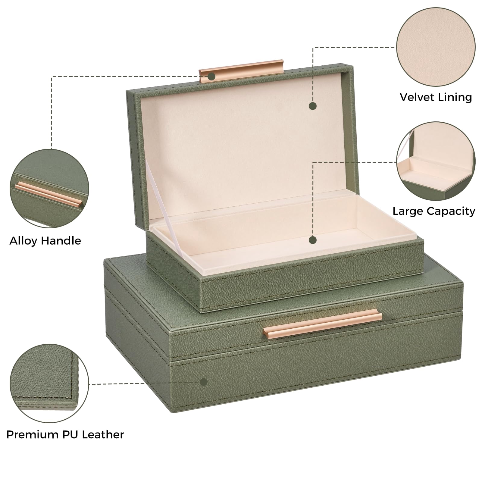 Decorative Boxes With Lids 2-set  Memory Box For Keepsakes Saving Space Beautiful Pu Leather Storage In Style Decor Metal Handles Store Photos Documents Green