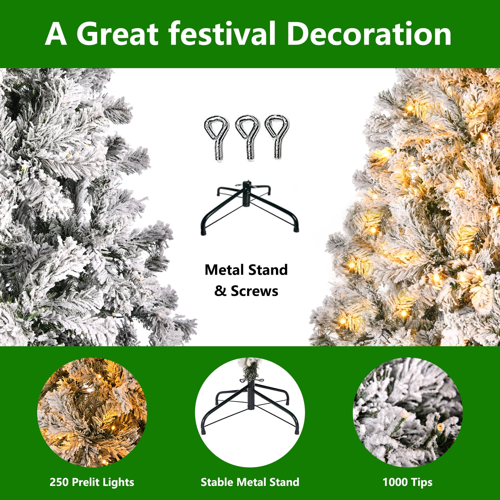 TBKLEY 6ft Prelit Premium Artificial Hinged Christmas Tree with 250 Warm Lights and 1000 Branch Tips
