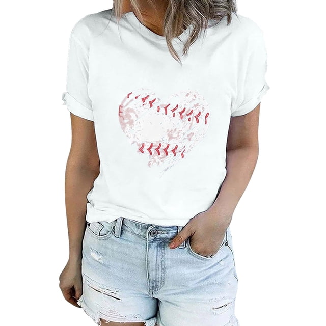 T-Shirt à Manches Courtes pour Femmes Liquidation T-Shirt en Chiffon pour Femmes T-Shirt de Baseball pour Femmes Amour Classique Col Rond Décontracté T-Shirt de Baseball à Manches Courtes
