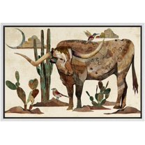IDEA4WALL Framed Canvas Print Western Decor Longhorn Cow & Birds Portrait Wall Art Animals Wildlife Landscape Traditional Art Relax/Calm for Living Room, Bedroom, Office - White 16"x24"